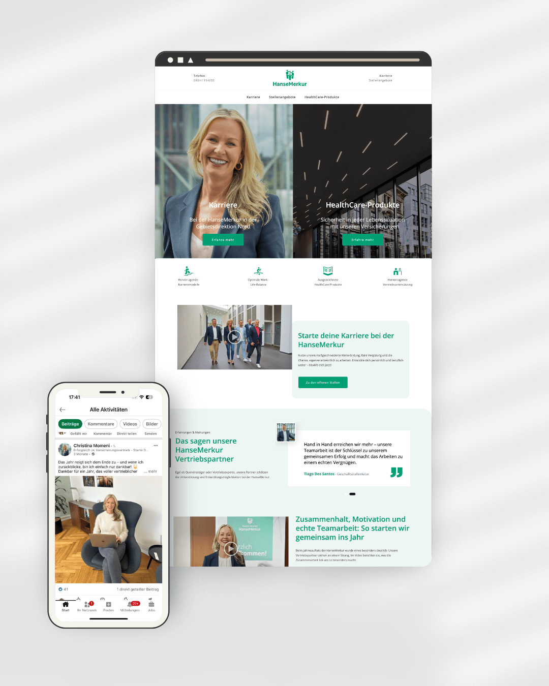Zwei Welten in einer Website – moderne Webdesign-Lösung für Karriere und Versicherungen mit integrierter Social-Media-Strategie, umgesetzt von Heldenwebsite, der Webdesign-Agentur in Villingen-Schwenningen